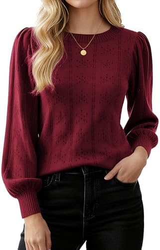 GRACE KARIN Women's Long Lantern Sleeve Crew Neck Crochet Top Hol...