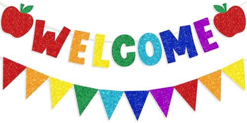 Glitter Welcome Banner with Apple Sign Colorful Glittery Pennant Banner Welcome Back to School Decorations First Day of School Party Decorations Welcome to Kindergarten School Classroom Teacher Office