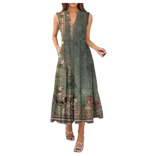 Estampado longo para jovens verão outono sem mangas gola V midi comprimento até o joelho franzido Cami regata vestido alto baixo feminino 2025, Q-414 Verde limão militar, GG