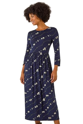 Image of Roman Originals Maxi Dress with Pockets for Women UK Ladies Stretchy Jersey Midi Elasticated Gathered High Waist Skater Swing Fit Flare Office Work Smart Casual Boho - Navy Floral - Size 18