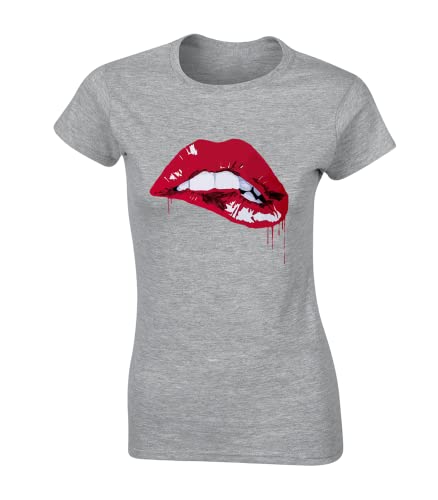 Crown Designs Red Lips Dripping Cool Premium Quality Fitted T-Shirt Top for Women and Teens - Grey / 12-14