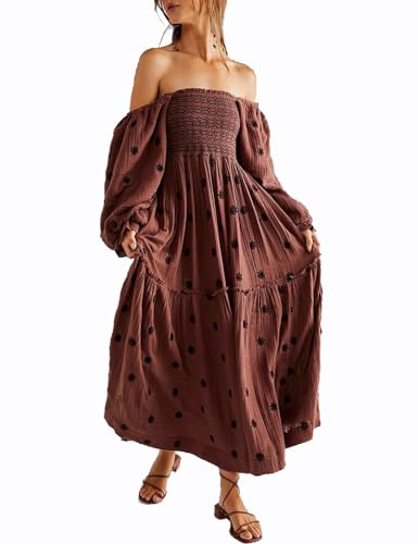 Yeenily Women Bohemian Floral Dress Lantern Sleeve Square Neck Flower Embroidered Maxi Dress Flowy High Waist Long Dress