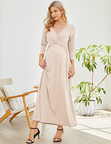 Coolmee Maternity Dress Women's V-Neck 3/4 Sleeve Ruched Maxi Photo Shoot For Photography Khaki L #TOP2