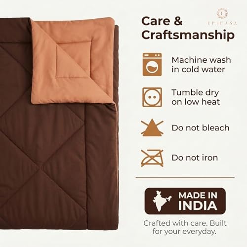 Image of Epicasa Reversible Comforter | 200 GSM Thermal Bonded Fill | 110 GSM Micro Peach Fabric | All Season AC Quilt | Diamond Quilted | Lightweight Duvet Blanket for Home Bedroom | Brown & Caramel