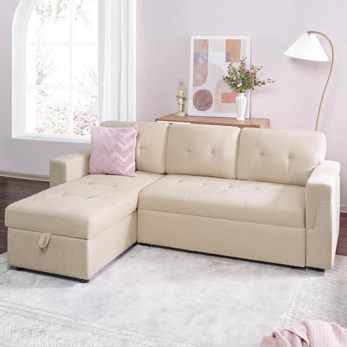 Naomi Home Transform Any Space: Sleeper Sectional Sofa with Convertible Sofa Bed & Inviting Chaise. Find Tranquil Comfort with Stress-Relieving Design & Durable Cushions - Beige/Velvet