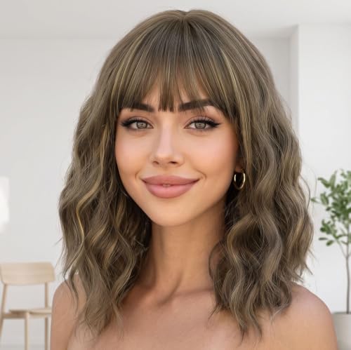 Image of AISI HAIR Bob Curly Wig with Bangs Short Wavy Wigs for Women