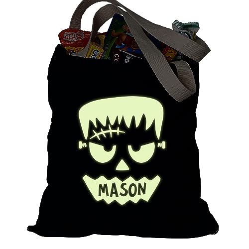 Personalization Universe Glow-in-The-Dark Frankie Personalized Halloween Treat Bag, 100% Cotton, Machine Washable, Customizable with Any Name, Ideal for Trick or Treating, Candy Bag, Tote Bag Black