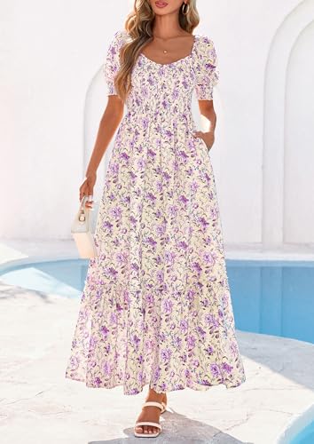 PRETTYGARDEN Women's Floral Boho Maxi Dresses Flowy Short Sleeve A Line Smocked Eyelet 2026 Summer Beach Vacation Clothes (Floral Purple,X-Large) — view 6