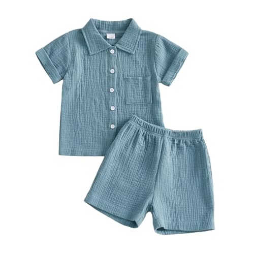 Baby Boys Clothes Set Toddler Infant Boys Button-down Shirt Tops + Cotton Gauze Shorts Summer Outfit 2PCS with Pockets (Triple cotton, Blue, 12-18 Months)