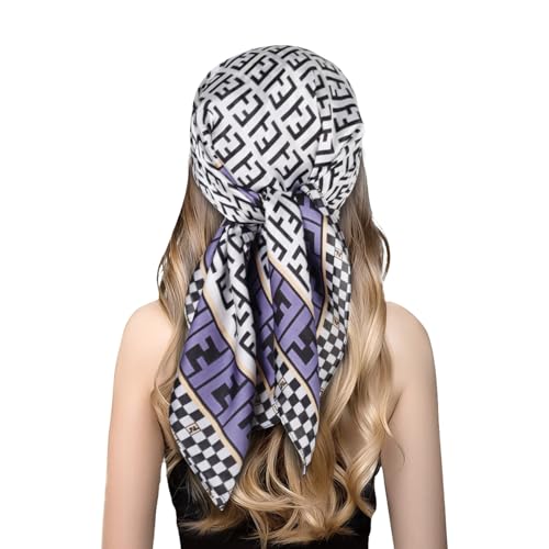 EXTREE Fashion Silky Satin Headscarf for Women Girls: Exquisite Pattern Lightweight Silk Graceful Scarfs 27.5 x 27.5 inches Et Blue Edge