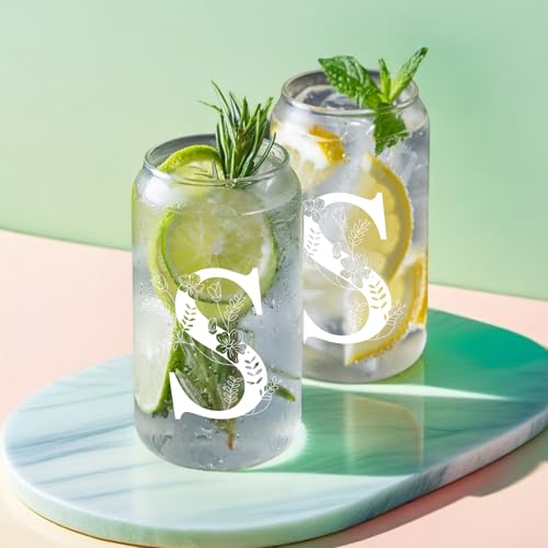 Unique Initial Glass Cup with Lids and Straws, Monogrammed Gifts Box Included Makeup Bag, Christmas Birthday Gifts for Women Mom Sister Grandma, S by DHQH - Image 5