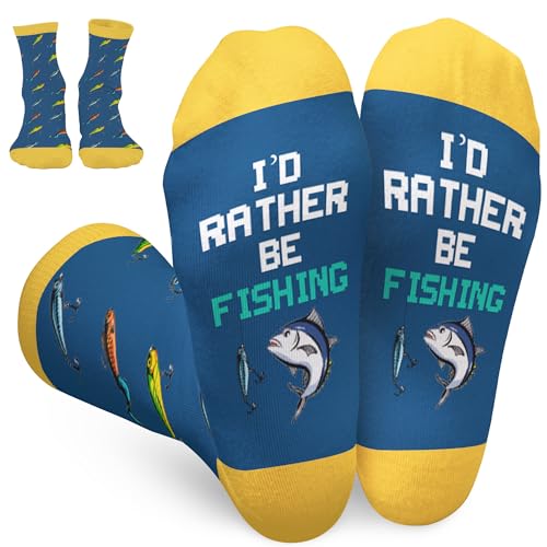 FOURSTUFF Fishing Socks - Fish Sock for Men, Women - Fishing Gifts for Men, Women - Funny Fisherman Gifts for Men - Id Rather Be Fish Sock - Mens Socks