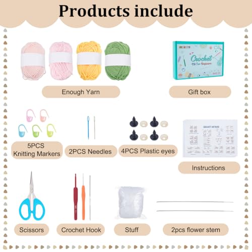 FREEBLOSS Conjunto de 2 kits de crochê para iniciantes com tutoriais em vídeo, kit de crochê para in
