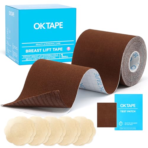 OK TAPE Breast Lift Tape Boob Tape for Large Breasts Lift with 5 Pairs Nipple Cover Set Breathable and Invisible Body Tape for A-G Cup Brown 3 x 16.4ft
