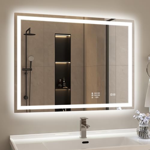 STARLEAD 24"x32" LED Bathroom Mirror with Built-in Clock, Dimmable Lighting, 3 Color Temperature, Anti-Fog, Touch Control Wall Mounted Vanity Mirror S