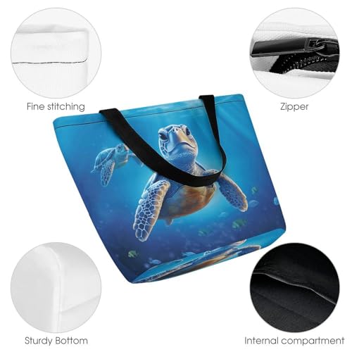Women Tote Bags with Handles Turtle in Blue Water Shoulder Bag with Zipper Handbags Shopping Bags Travel Bag Beach Bag Reusable Grocery Bag for Swim Holiday Gift3