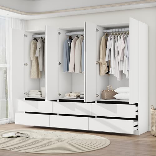 Mhsatyrs White Armoire Wardrobe Closet with 2 Doors, 75\" Bedroom Wardrobe Closet for Hanging Clothes, Modern Wood Storage Closets Cabinet with System (A+A+A, 94.5\")