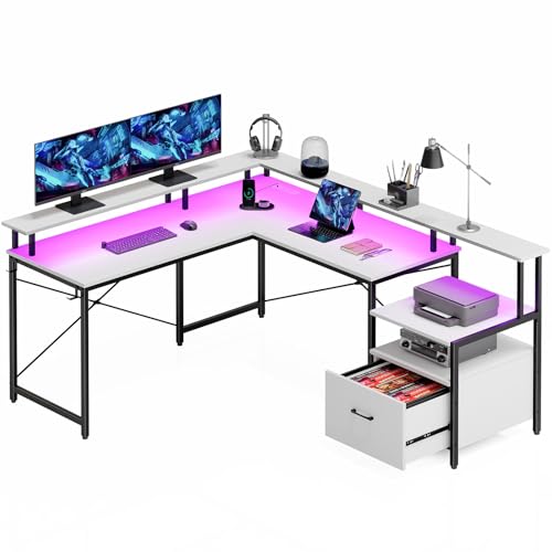 Rolanstar Computertisch L Form mit Steckdose & LED Streifen, 159 cm Schreibtisch mit Monitorständer & Schublade, Reversibler Gaming Tisch für Büro, Arbeitszimmer, Schlafzimmer, Weiß