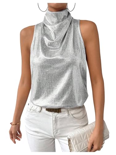 RoseSeek Womens Metallic Mock Neck Halter Tank Top Sleeveless Party Going Out Tops Summer Elegant Outfits Silver Medium