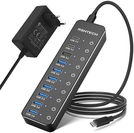 Hub USB 3.2 Alimenté RSHTECH 7 Ports - 3 Ports 10Gbps USB-C & USB-A + 4 Ports 5Gbps Avec Câble 2-en-1