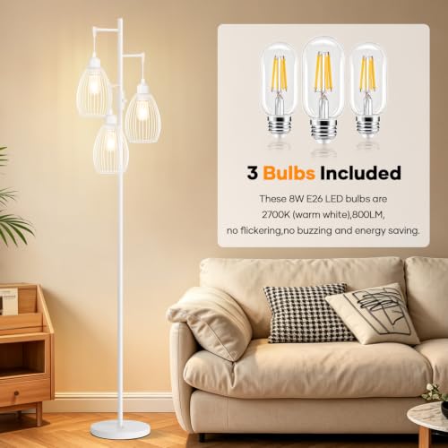 Image of Dimmable Floor Lamp, 3 x 800LM LED Edison Bulbs Included, Farmhouse Industrial Floor Lamp Standing Lamp with Elegant Teardrop Cage Head Tall Lamp for Living Room Bedroom Office Dining Room - White