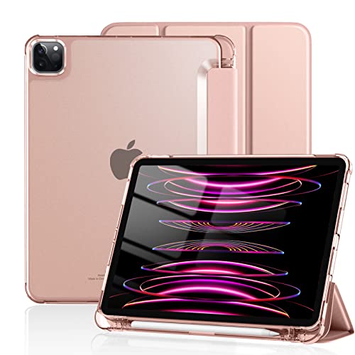 Vobafe Coque Compatible avec Coque iPad Pro 11 Pouces 2022 2021 (4e 3e Génération), Coque Arrière Rigide Givrée Translucide, Housse à Trois Volets avec Porte-Crayon, Réveil/Veille Automatique, Or Rose Cover