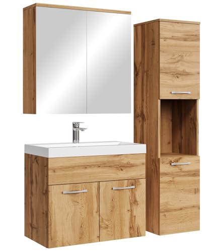 Badplaats Badmöbel Komplettset Montreal 60 x 35 cm Eiche - Badezimmermöbel mit Waschbecken, Spiegelschrank und Badezimmerschrank