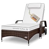 RS Trade Sonnenliege Gartenliege Wetterfest Rattan – XXL Relaxliege extra breit mit Rollen & Armlehnen, Verstellbar, bis 200kg, Outdoor Liege für Garten, Terrasse & Balkon, braun mit weißer Auflage