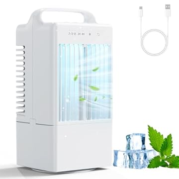 KITMOUS Condizionatore d'aria portatile, raffrescatore d'aria 4 in 1, condizionatore d'aria portatile con 3 velocità e modalità di spruzzo, oscillazione di 90°, USB, timer 2/4 ore, mini