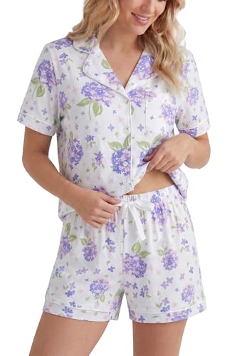 Image of LUBOT 100% Cotton Pajamas for Women 2 Piece PJ Set Button-Down Soft Knit Short Sleeve Summer Sleepwear Loungewear XS-XXL