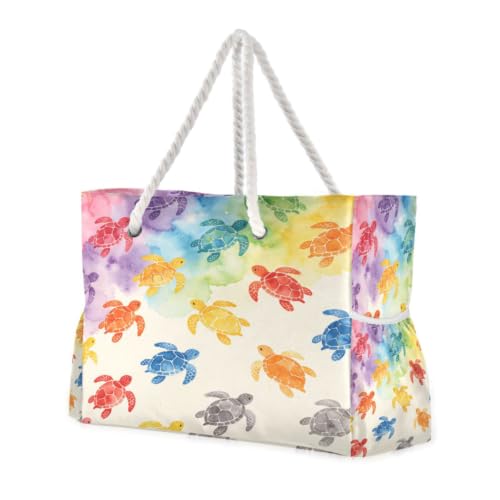 Sac fourre-tout imperméable en toile motif tortue arc-en-ciel, grand cabas de quotidien