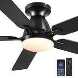 Ceiling Fans with Lights, 56' Flush Mount Ceiling Fan with Light and Remote/APP Control, Low Profile, Modern Ceiling Fan Reversible, Dimmable, Noiseless, Black for Bedroom
