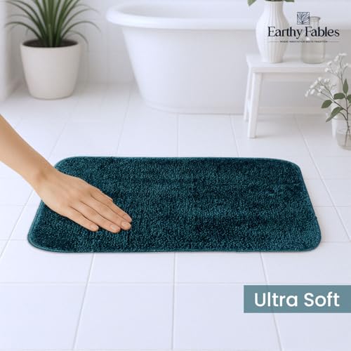 Image of Earthy Fables Soft Microfiber Bath Mat - Cut Pile, Quick Dry, Anti-Skid, Water Absorbent, Non-Slip, Machine Washable Floor Rug, Shower Mat, Door Mat for Bathroom, Bedroom, 60x40 cm - Teal