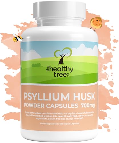 Psyllium Husks Capsules Fibre Supplement 1400mg - 180 Vegan Tablets High in Soluble Fibre - TheHealthyTree Company Pure Psyllium Husk Powder Capsules