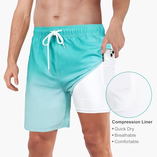 Image of Mens Swim Trunks with Compression Liner 2 in 1 Quick Dry Swimming Shorts Swimwear Bathing Suits with Pockets