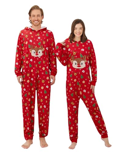 ESHOO Christmas Matching Pajamas for Couples Men Women Stripe Plaid Hooded One Piece Pjs Elk Santa Full Zipper Loungewear