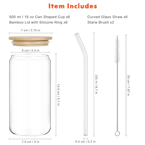 Foto von Mamiddle 500ml/16oz Cocktail Gläser mit Deckel und Glas Strohhalm 6 Stück Longdrinkgläser mit Bambusdeckeln für Cocktails, Whisky, Bier,Eiskaffee, Soda, Säfte (6pcs)