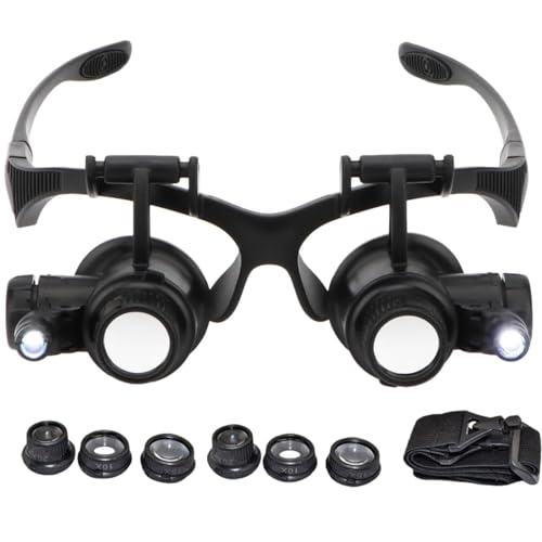 Headband Magnifier, 10x 15x 20x 25x Magnifying Headset with 8 Replaceable Lens, Head Magnifier with 2 LED Light, Magnifying Goggles with Interchangeable Headband for Jewelers Art Accessories Rep