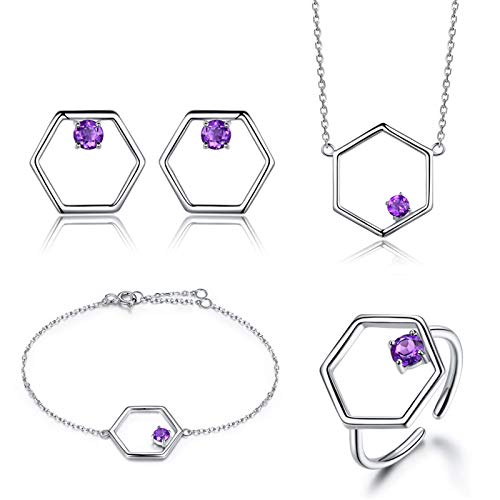 Joya de plata 925 KnSam conjunto hexagonal de collar y pendientes con amatista
