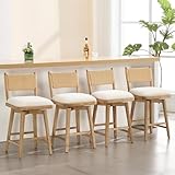 DM Furniture Swivel Counter Stools Set of 4, Linen Fabric Upholstered Kitchen Stool Chairs with Rope Back and Solid Wood Legs, Countryside Armless Barstools for Patio/Home Counter, Beige Rope