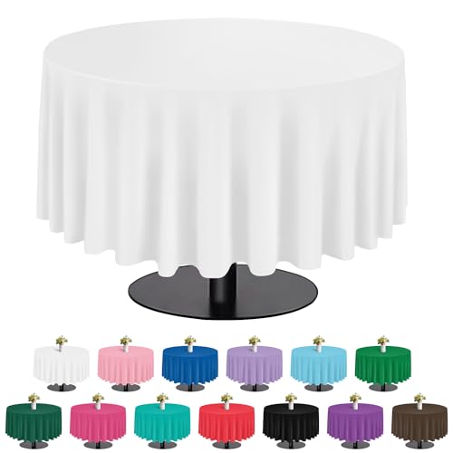 Image of tujol White 6 Pack Plastic Table Cloth 84 inch, Disposable Round Tablecloth Table Cover, Plastic Tablecloths for Parties