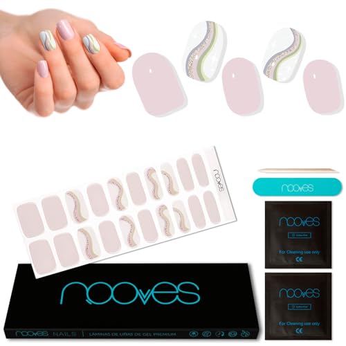 NOOVES - Láminas de Gel para Uñas|Pink Paris - Nail Art 20 uds, Uñas de Gel Semicuradas Premium, Gel Nail Stickers,Pegatinas Uñas de Gel, Incluye 1 Lima de Uñas y 1 Palito de Naranjo, Vegano