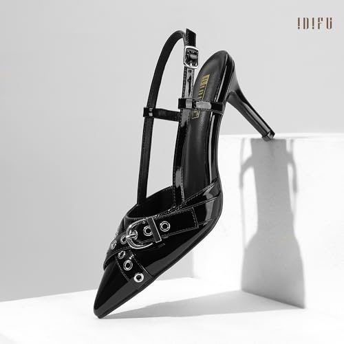 Image of IDIFU IN3 Slingback Kitten Heels for Women Stiletto Heel Closed Pointed Toe Pumps Buckle Straps Dress Shoes Sexy Prom Party Work Trendy Fashion Comfortable Pumps Dressy Shoes