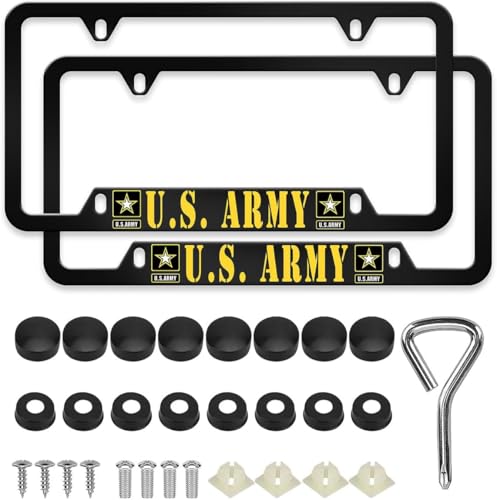Image of 2PCS License Plate Frames for U.S.Army,Car License Plate Bracket Holder, Premium Aluminum Alloy Weather Proof License Plate Covers with Screw Caps Cover Set Car Accessories