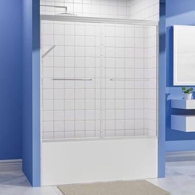 56-60 Inch Double Sliding Shower Door for Bathtub - Semi-Frameless Bypass Design with 1/4" Tempered Explosion-Proof Glass, Adjustable Aluminum Alloy Frame in Brushed Nickel - Space Saving & Easy Clean