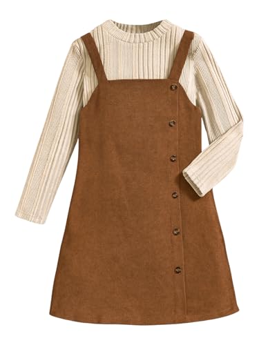WDIRARA Girl's 2 Piece Corduroy Outfits Crew Neck Long Sleeve Sweater and Button Down Overall Dress Set