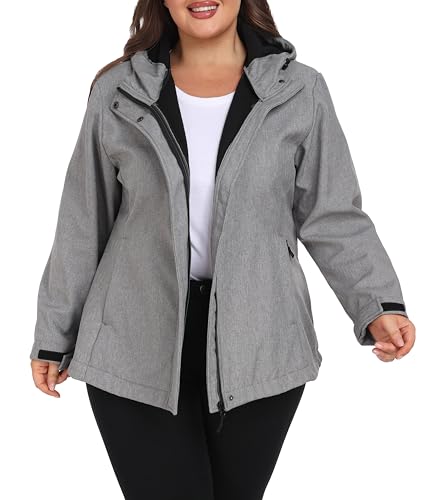 wantdo Women's Lightweight Fleece Jacket Waterproof Softshell Jacket With Hood (Grey, 4X)