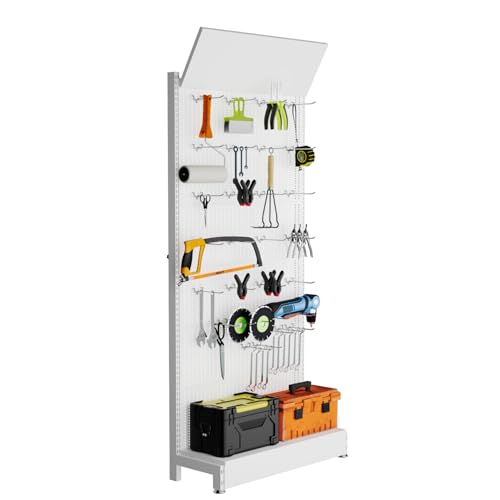 Paneles de tablero de clavijas de metal, estantería de tablero de clavijas con 30 ganchos, 85 x 36 x 13 pulgadas, organizador portátil para bricolaje, decoración de cocina, tienda de teléfonos