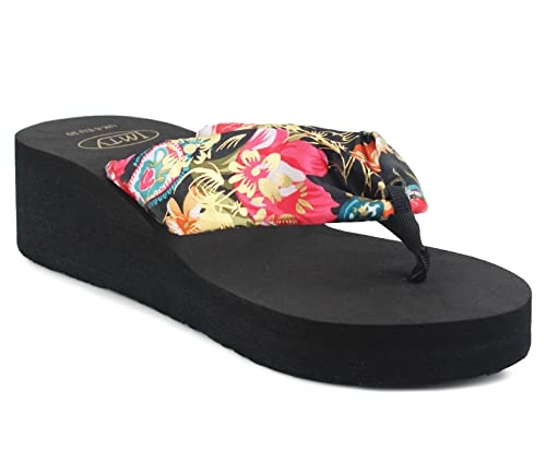 IMTY Womens Ladies Summer Platform Wedge Heel Toe Post Metallic Floral Flower Print Lightweight EVA Foam Beach Fashion Sandals Flip Flops (5 UK, Black, numeric_5)