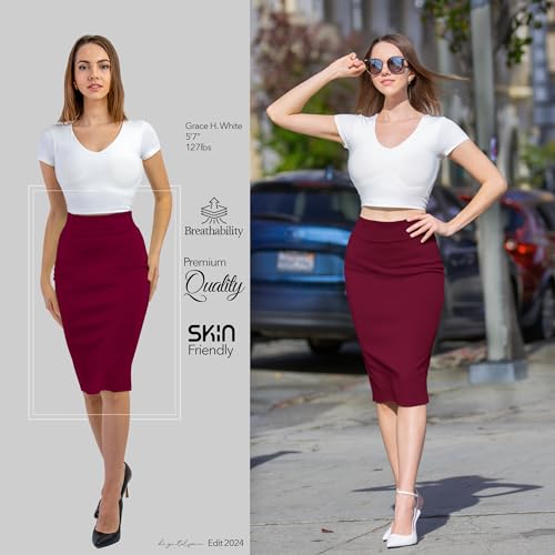 Women's Elastic High Waist Knee Length Stretch Bodycon Midi Pencil Skirt2